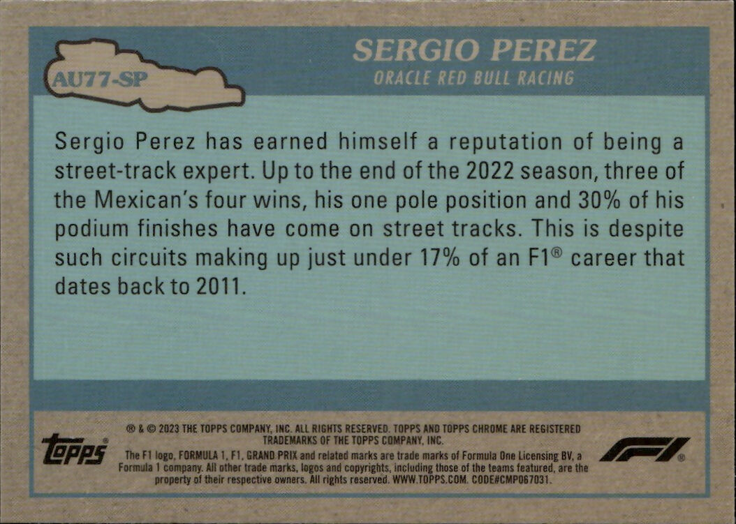 2023 Topps Chrome Formula 1 Autos of 1977 #AU77-SP Sergio Perez - Oracle Red Bull Racing - B