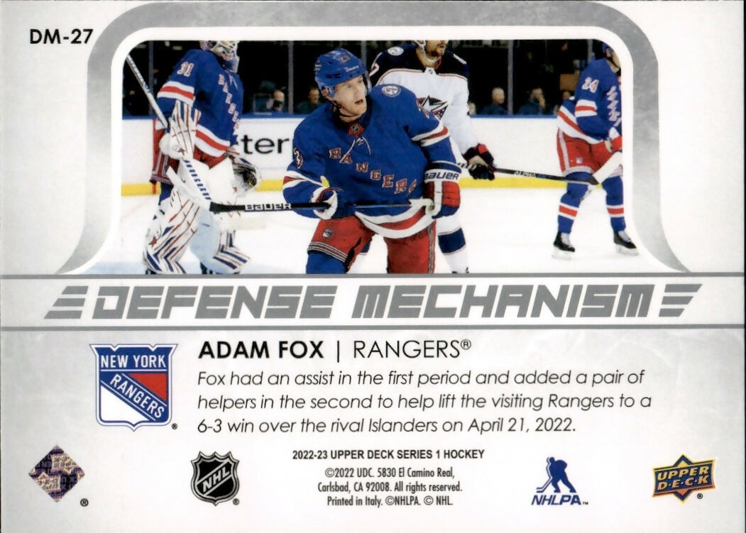 2022-23 Upper Deck Series 1 Hockey - Defence Mechanism #DM-27 Adam Fox - New York Rangers - B