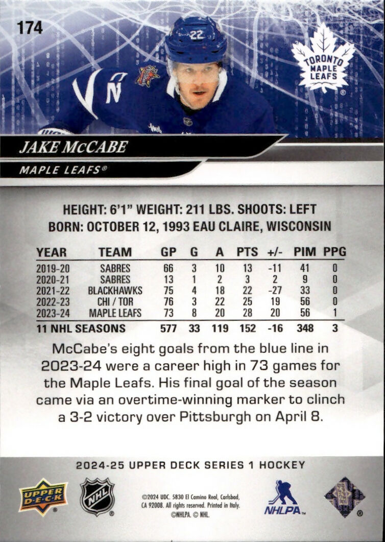2024-25 Upper Deck Series 1 Hockey - Base #174 Jake McCabe - Toronto Maple Leafs