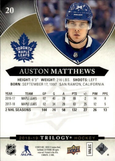 2018-19 Upper Deck Trilogy Hockey - Base #20 Auston Matthews - Toronto Maple Leafs