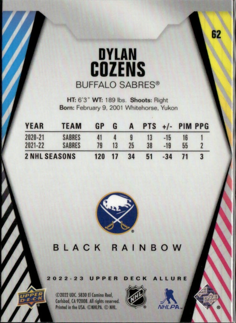 2022-23 Upper Deck Allure Hockey - Base - Black Rainbow #62 Dylan Cozens - Buffalo Sabres