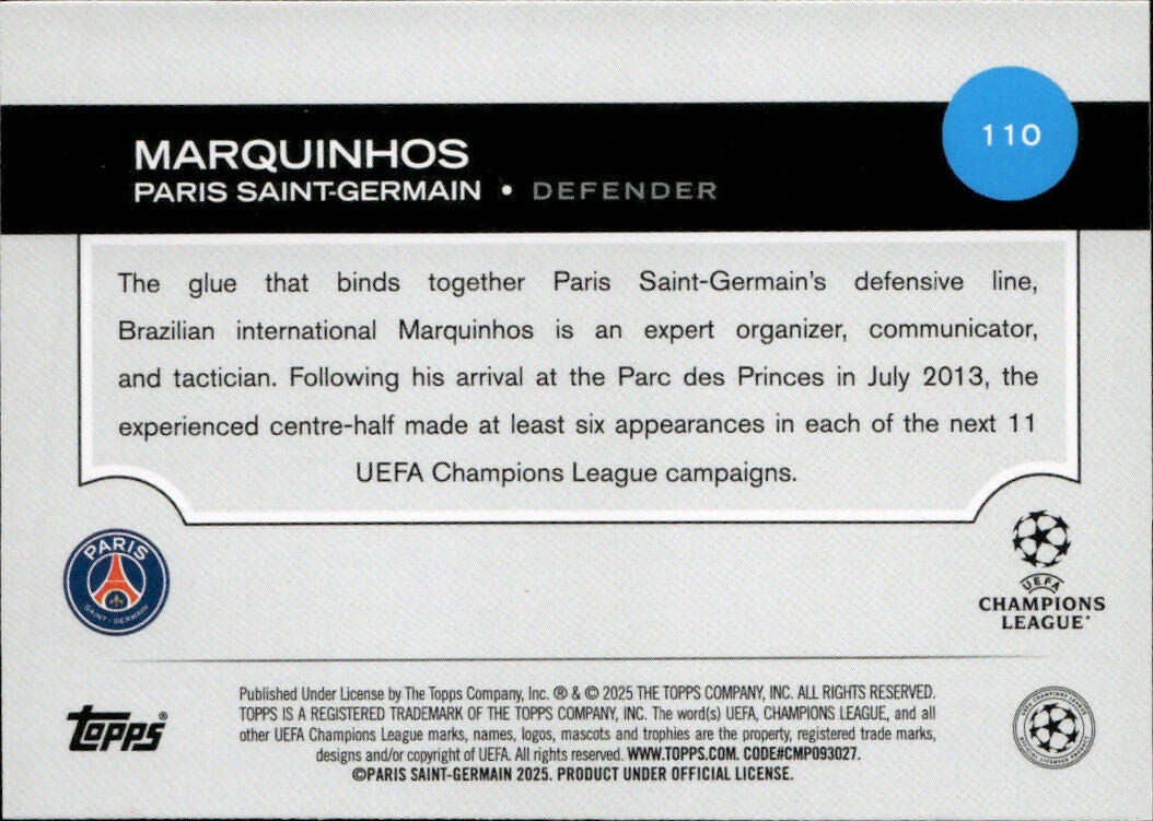 2024-25 Topps UEFA Club Competitions - Base #110 Marquinhos - Paris Saint - Germain - B