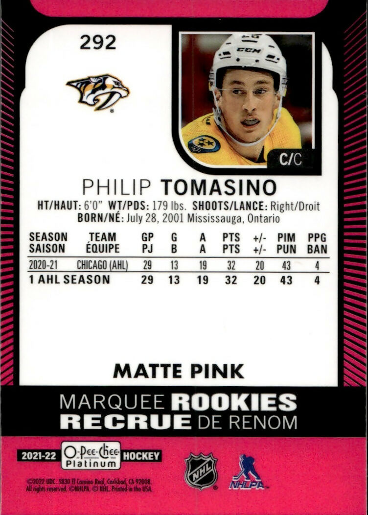 2021-22 Upper Deck O-Pee-Chee Platinum Hockey - Base - Matte Pink #292 Philip Tomasino - Nashville Predators - B