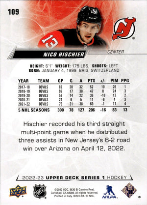2022-23 Upper Deck Series 1 Hockey - Base #109 Nico Hischier - New Jersey Devils - B