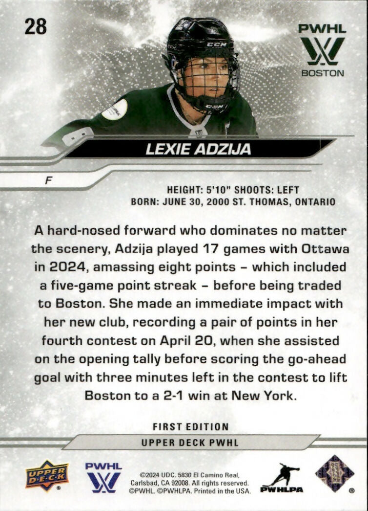 2024-25 Upper Deck PWHL Hockey - Base #28 Lexie Adzija - Boston Fleet - B