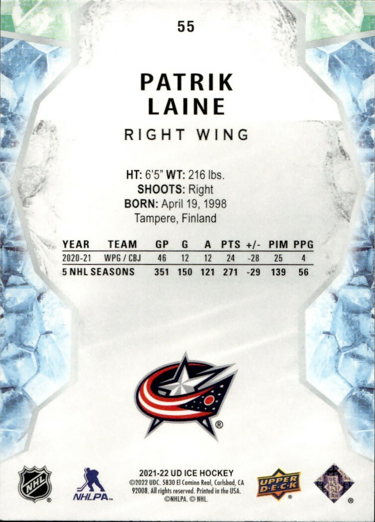 2021-22 Upper Deck Ice Hockey - Base #55 Patrik Laine - Columbus Blue Jackets - B