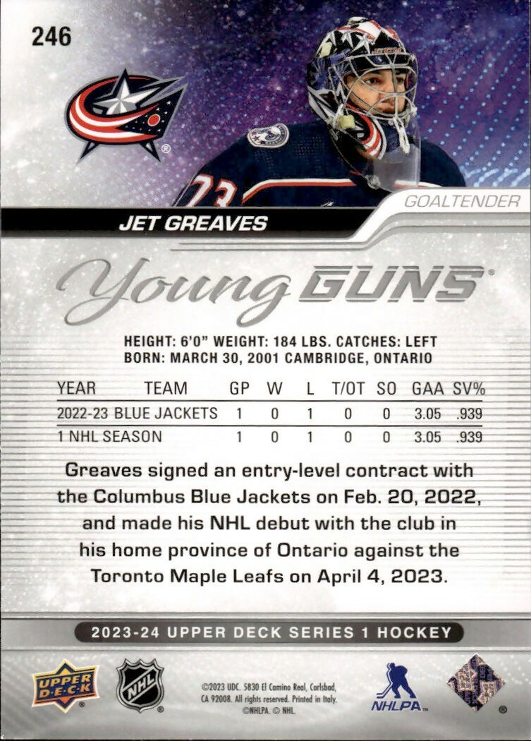 2023-24 Upper Deck Series 1 Hockey - Base - Young Guns #246 Jet Greaves - Columbus Blue Jackets