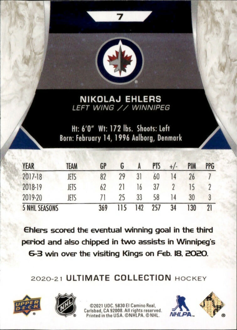 2020-21 Upper Deck Ultimate Collection - Base #7 Nikolaj Ehlers - Winnipeg Jets - B