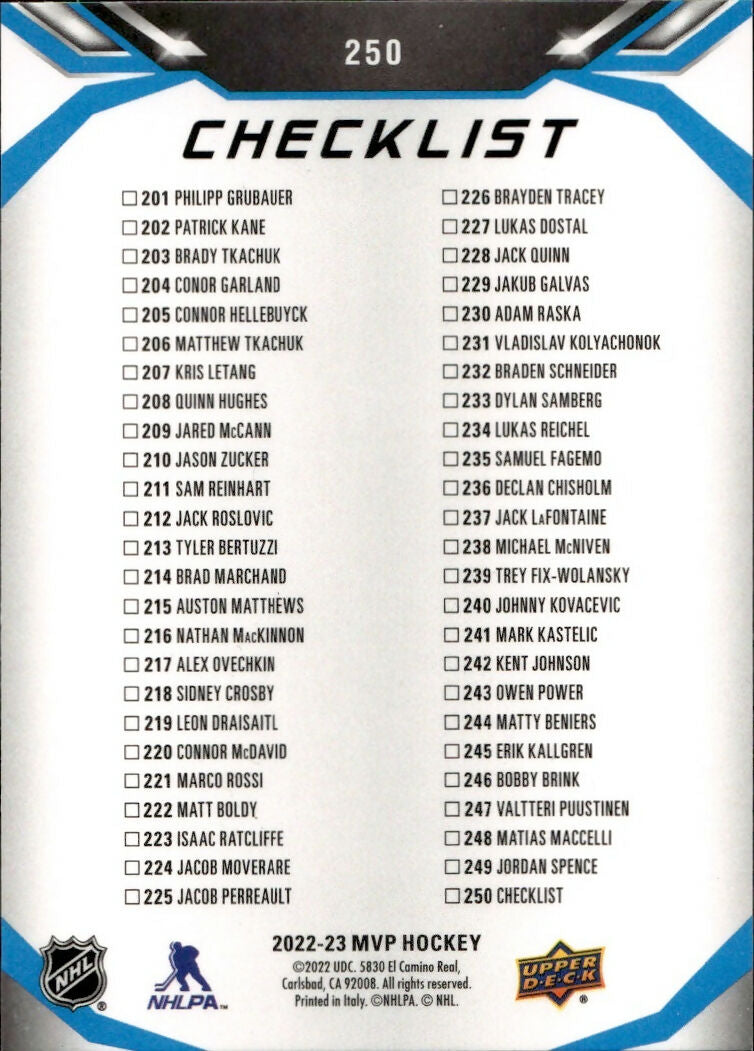 2022-23 Upper Deck MVP Hockey - Base #250 Checklist - Matt Boldy - Minnesota Wild - B