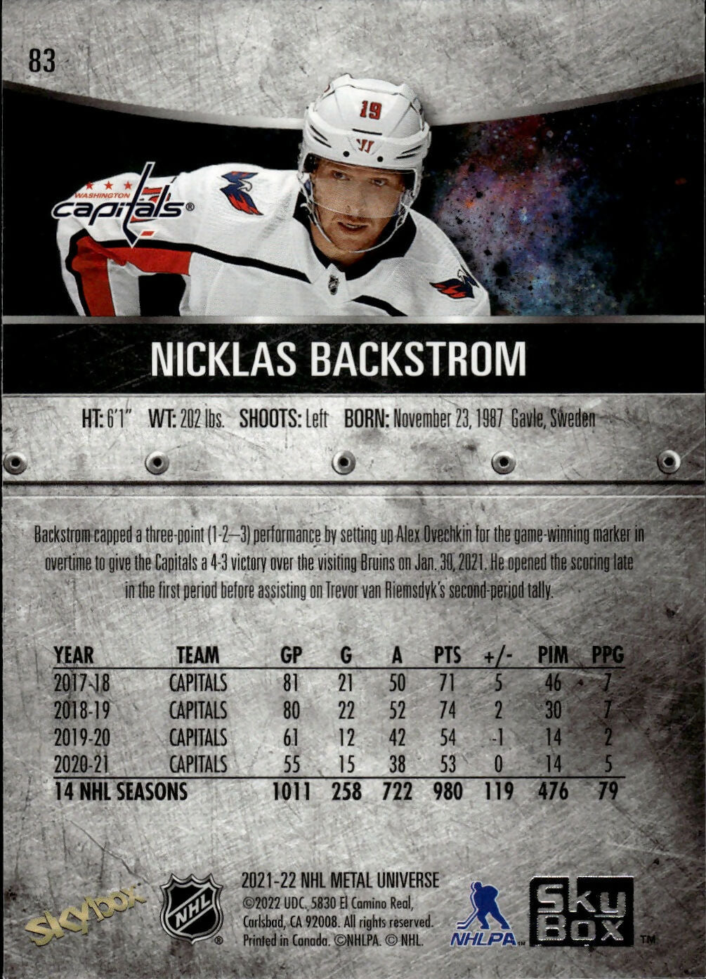 2021-22 Upper Deck Skybox Metal Universe Hockey Base #83 Nicklas Backstrom - Washington Capitals - B
