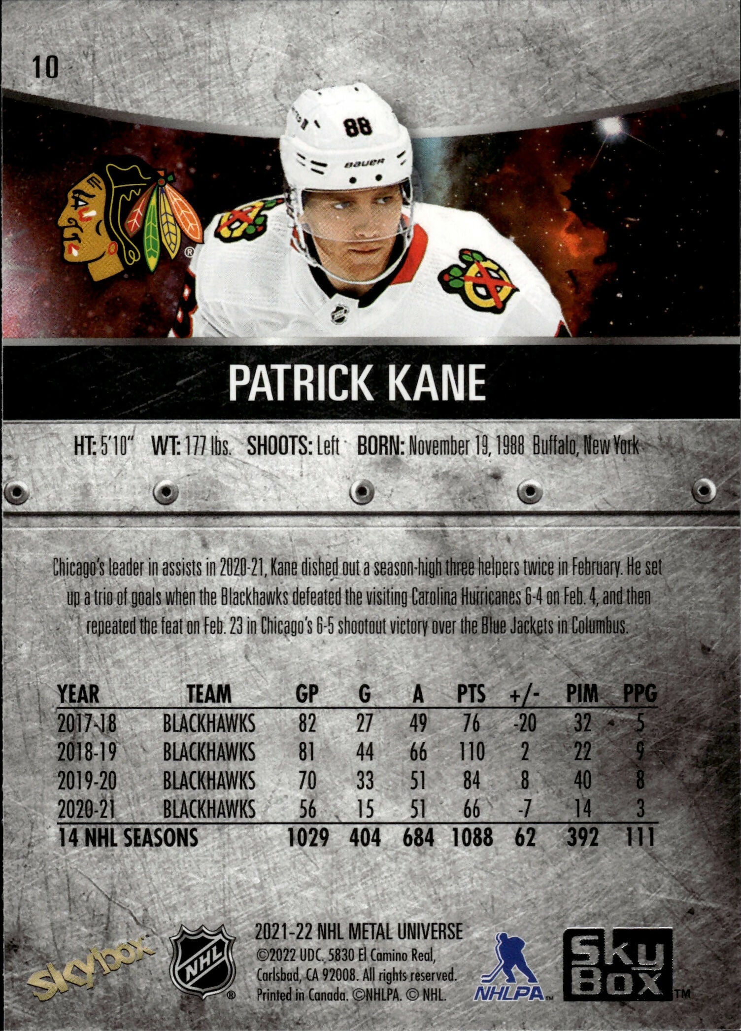 2021-22 Upper Deck Skybox Metal Universe Hockey Base #10 Patrick Kane - Chicago Blackhawks - B