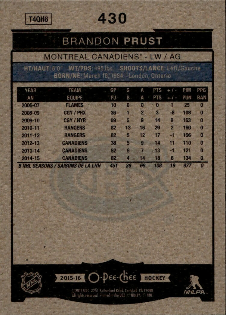 2015-16 Upper Deck O-Pee-Chee Hockey - Base #430 Brandon Prust - Montreal Canadiens