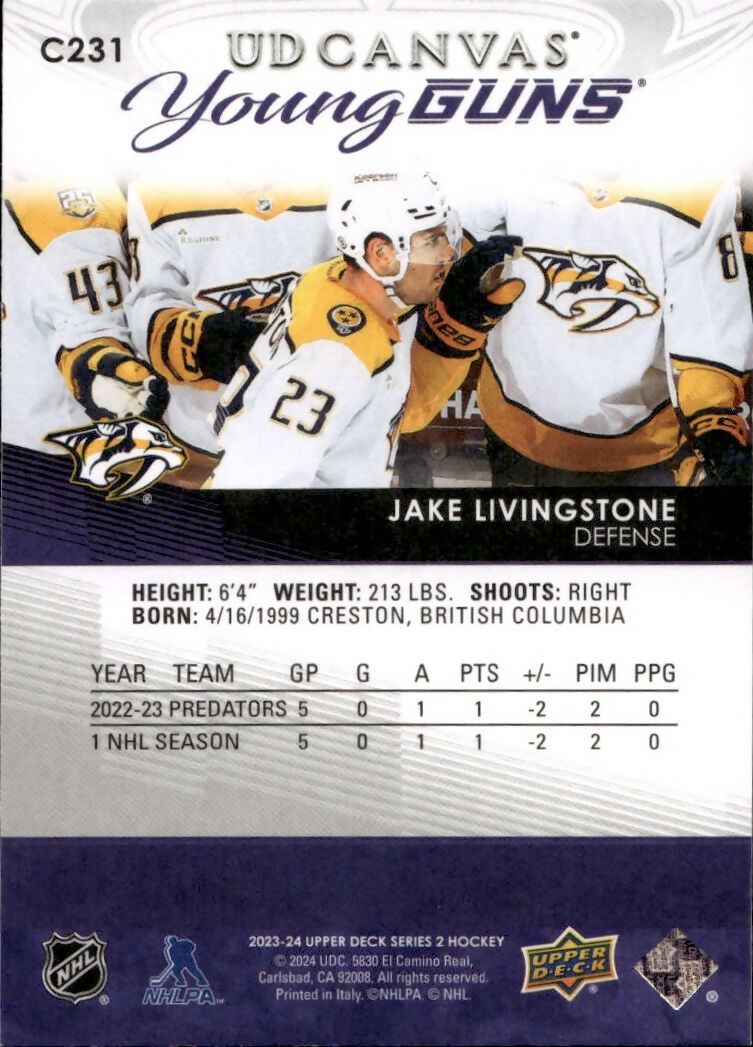 2023-24 Upper Deck Series 2 Hockey - UD Canvas - Young Guns #C231 Jake Livingstone - Nashville Predators - B
