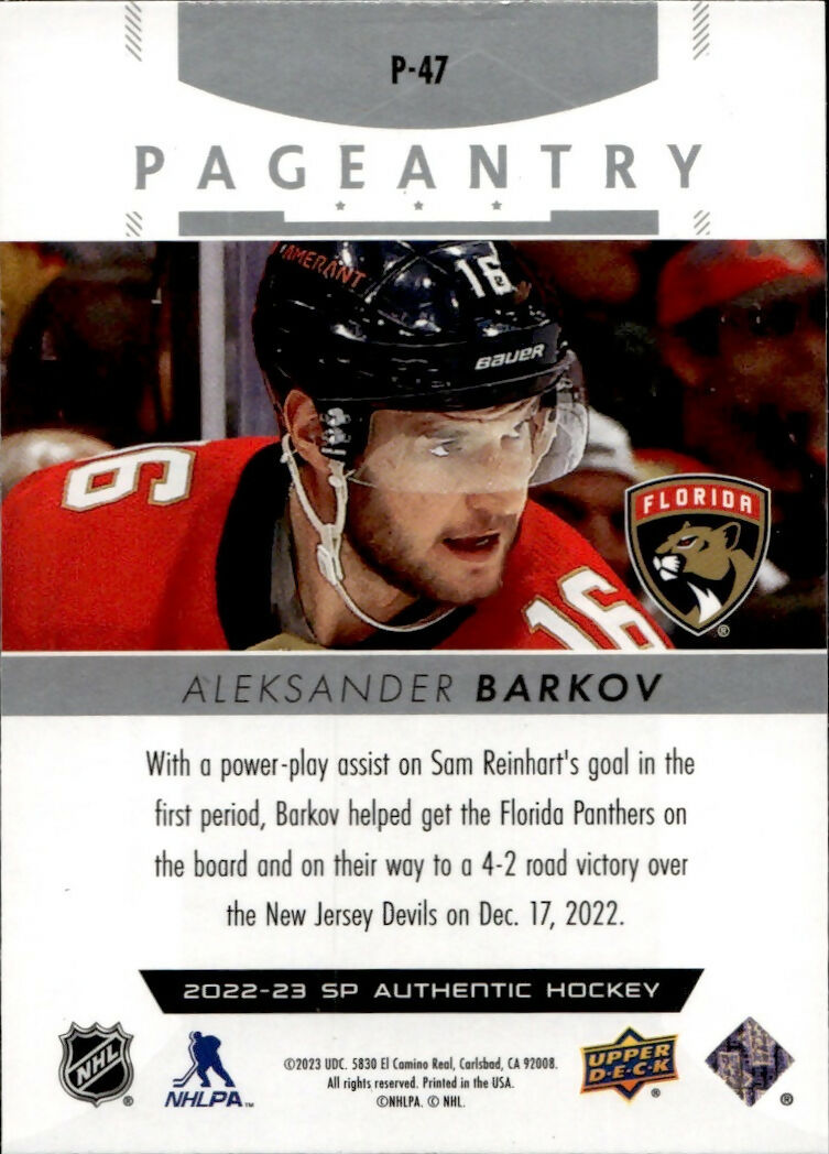 2022-23 Upper Deck SP Authentic Hockey - Pageantry #P-47 Aleksander Barkov - Florida Panthers - B