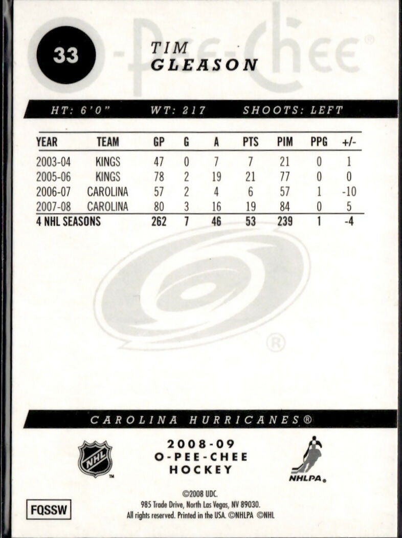 2008-09 O-Pee-Chee Hockey - Base - Rainbow Foil #33 Tim Gleason - Carolina Hurricanes - B