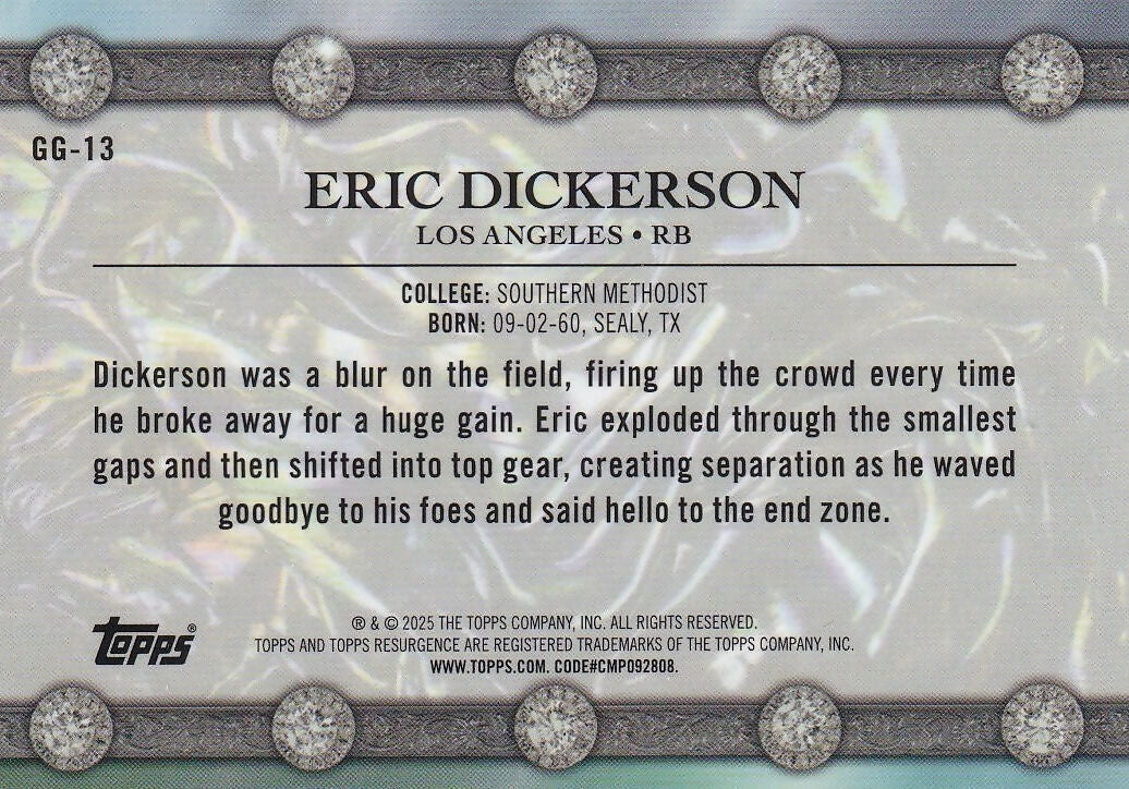 2024 Topps Resurgence Glimmer and Gleam Gold Power Surge #/50 #GG-13 Eric Dickerson Los Angeles Rams