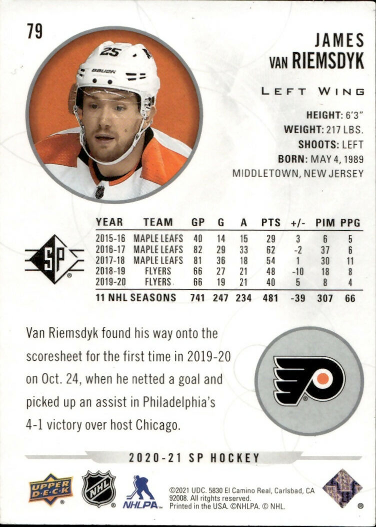 2020-21 Upper Deck Sp Authentic Hockey - Base #79 James Van Riemsdyk - Philadelphia Flyers