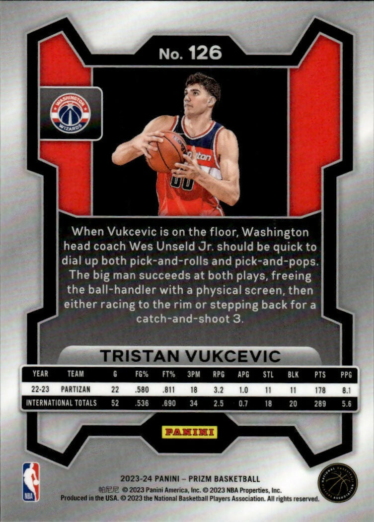 2023-24 Panini Prizm Basketball Base #126 Tristan Vukcevic, Washington Wizards - B