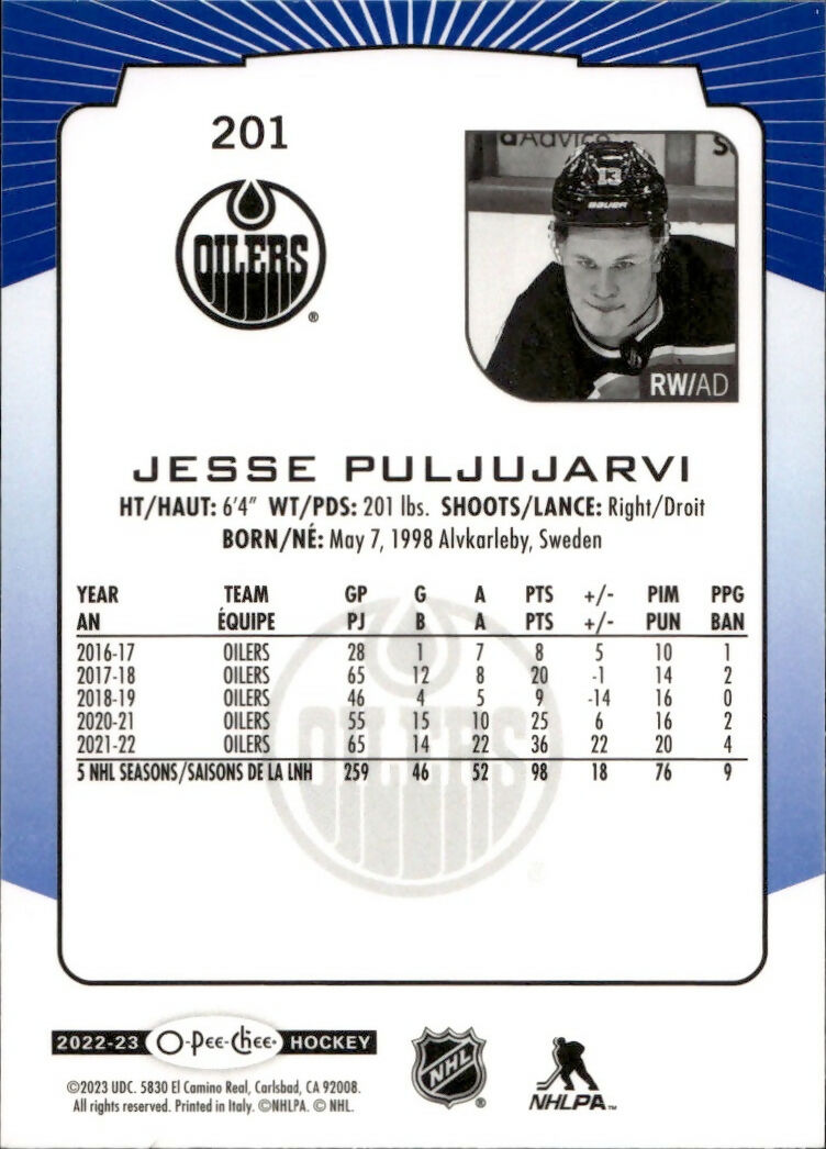 2022-23 Upper Deck O-Pee-Chee Hockey - Base - Blue #201 Jesse Puljujarvi - Edmonton Oilers