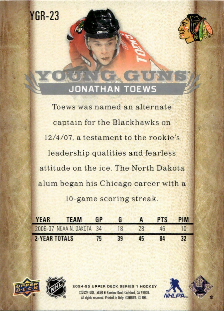 2024-25 Upper Deck Series 1 Hockey - Young Guns Renewed #YGR-23 Jonathan Toews - Chicago Blackhawks - B