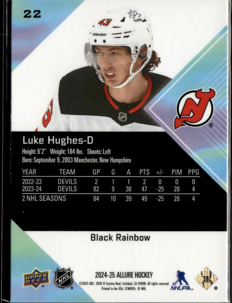 2024-25 Upper Deck Allure Hockey - Base - Black Rainbow #22 Luke Hughes - New Jersey Devils - B