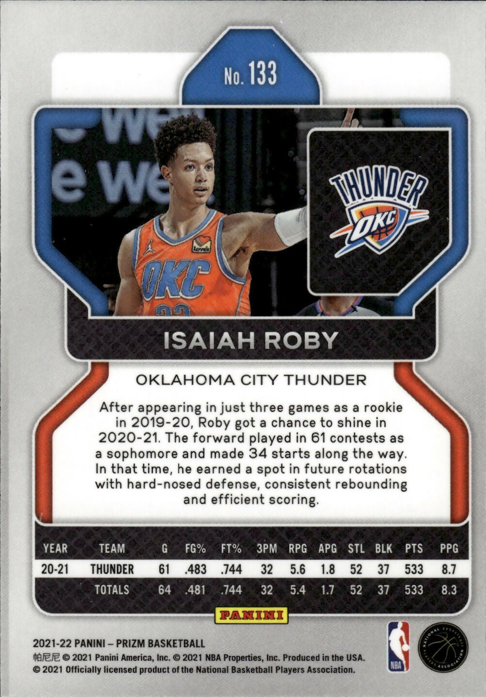 2021-22 Panini Prizm Basketball - Base # 133 Isaiah Roby - Oklahoma City Thunder