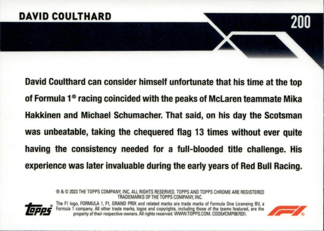 2023 Topps Chrome Formula 1 Base #200 - Legends - Purple Checker Flag X-factor :199 David Coulthard - B