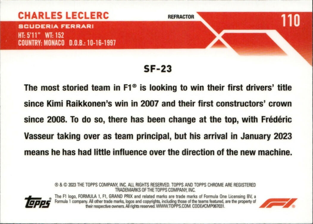 2023 Topps Chrome Formula 1 Base #110 - F1 Cars - Refractor Charles LeClerc - Scuderia Ferrari - B