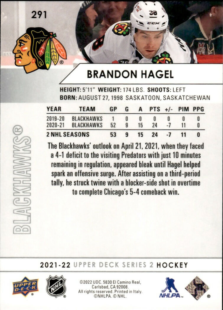 2021-22 Upper Deck Series 2 Hockey - Base #291 Brandon Hagel - Chicago Blackhawks - B