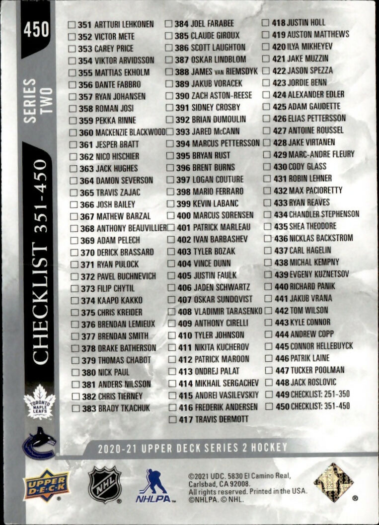 2020-21 Upper Deck Series 2 Hockey - Base #450 Checklist - Auston Matthews - Elias Pettersson - B