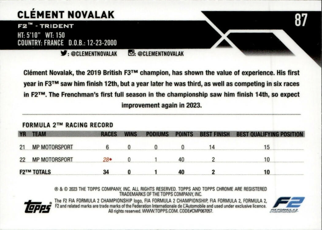 2023 Topps Chrome Formula 1 Base #87 - F2 Drivers - Refractor - Orange Red Clement Novalak - F2 Trident - B
