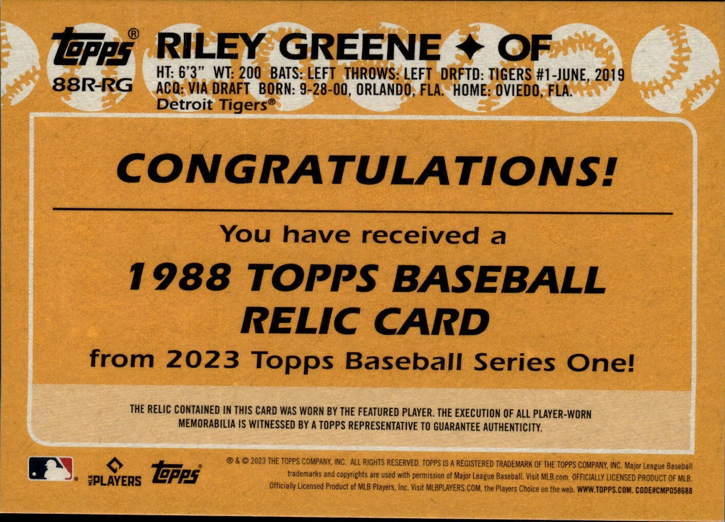 2023 Topps Series 1 Baseball - 1988 Topps Baseball Relics #88R-RG Riley Green - Detroit Tigers - B