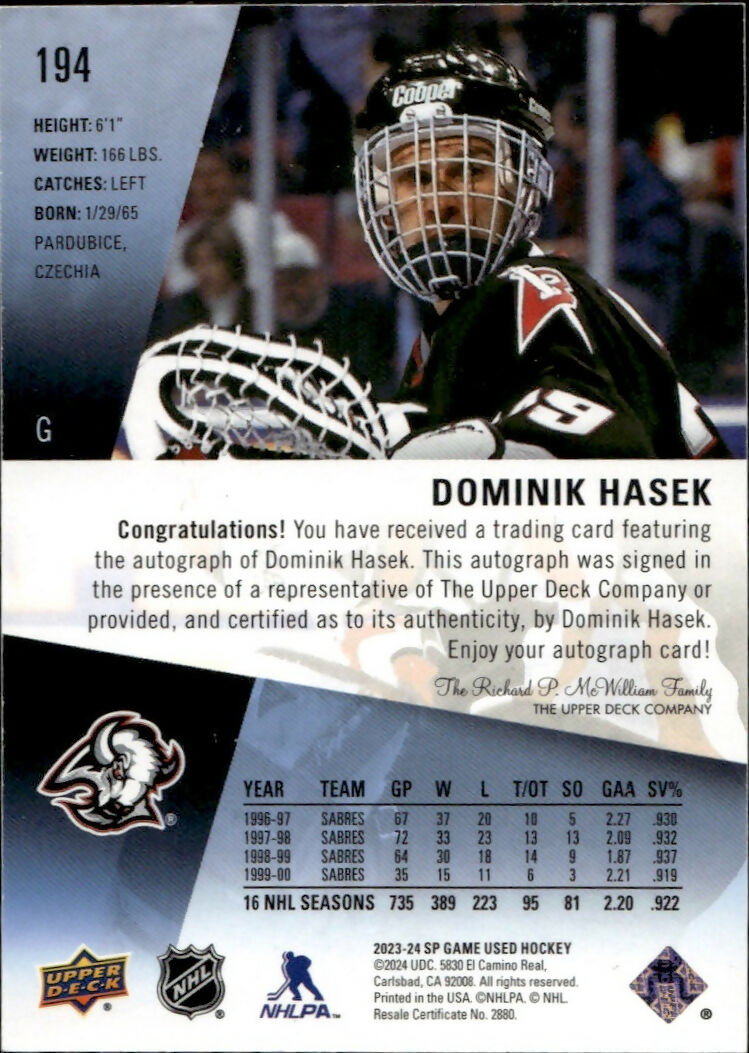 2023-24 Upper Deck SP Game Used Hockey - Base - Blue - Auto #194 Dominik Hasek - Buffalo Sabres - B