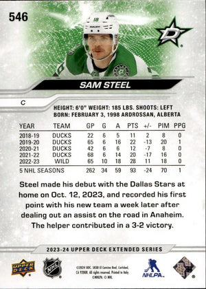 2023-24 Upper Deck Extended Series Hockey - Base #546 Sam Steel - Dallas Stars - B