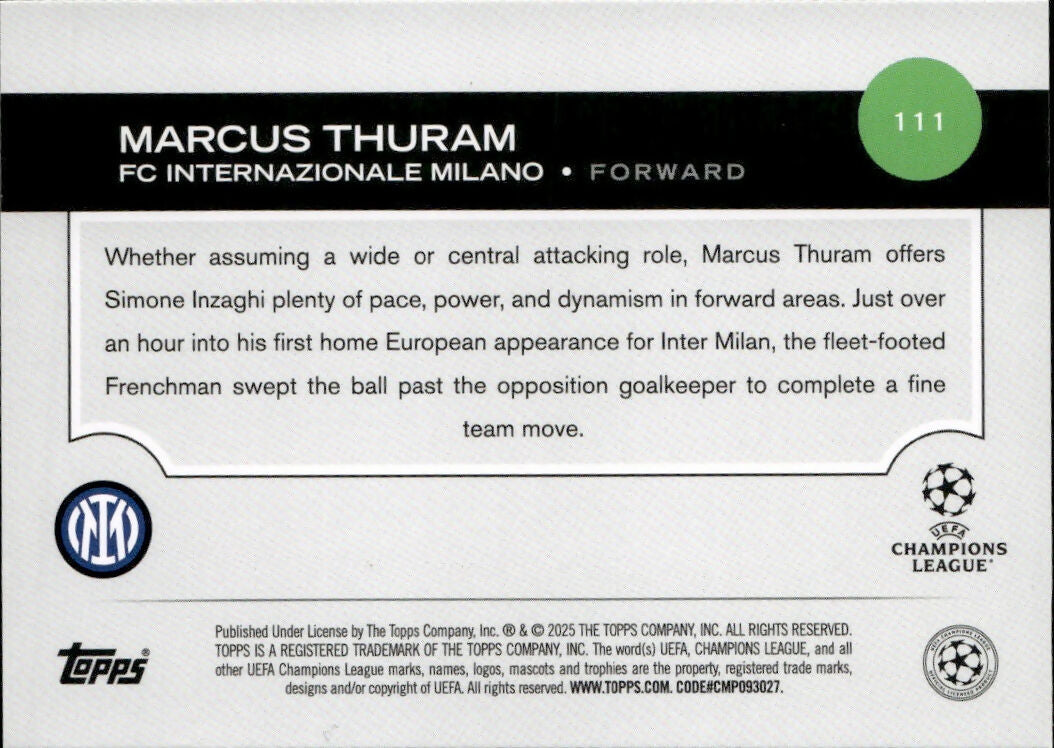 2024-25 Topps UEFA Club Competitions - Base #111 Marcus Thuram - FC internazionale Milano - B