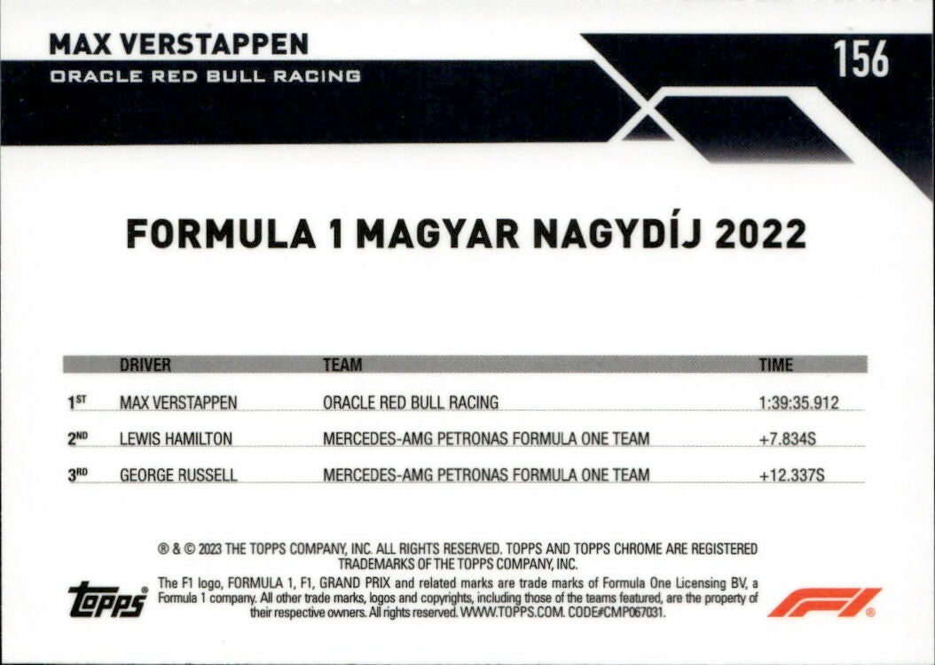 2023 Topps Chrome Formula 1 Base #156 - Grand Prix Winners Max Verstappen - Oracle Red Bull Racing - B