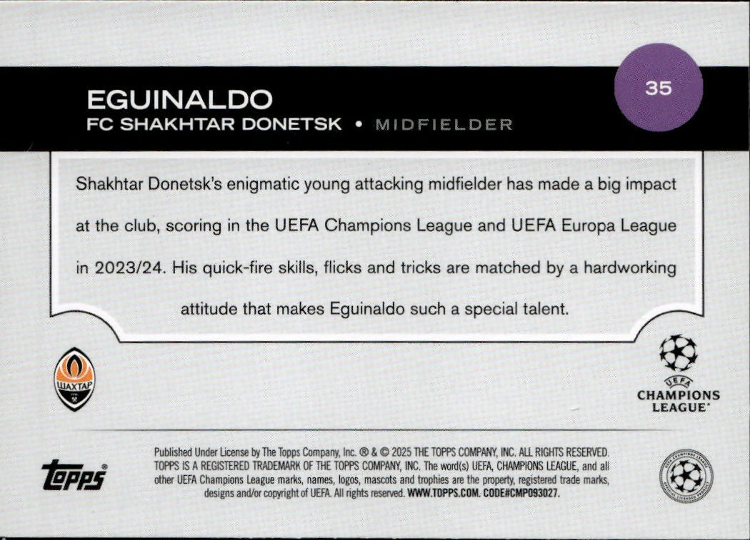 2024-25 Topps UEFA Club Competitions - Base #35 Eguinaldo - FC Shakhtar Donetsk - B