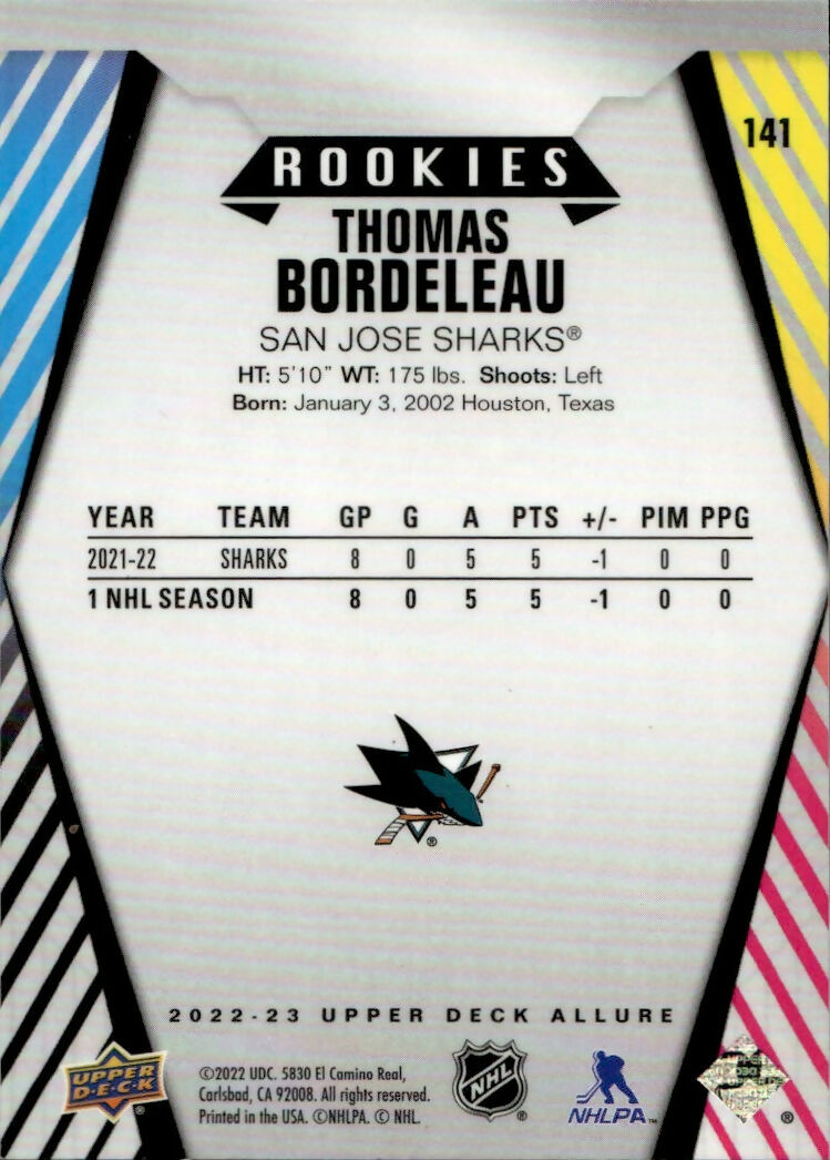 2022-23 Upper Deck Allure Hockey - Base -Rookie #141 Thomas Bordeleau - San Jose Sharks - B