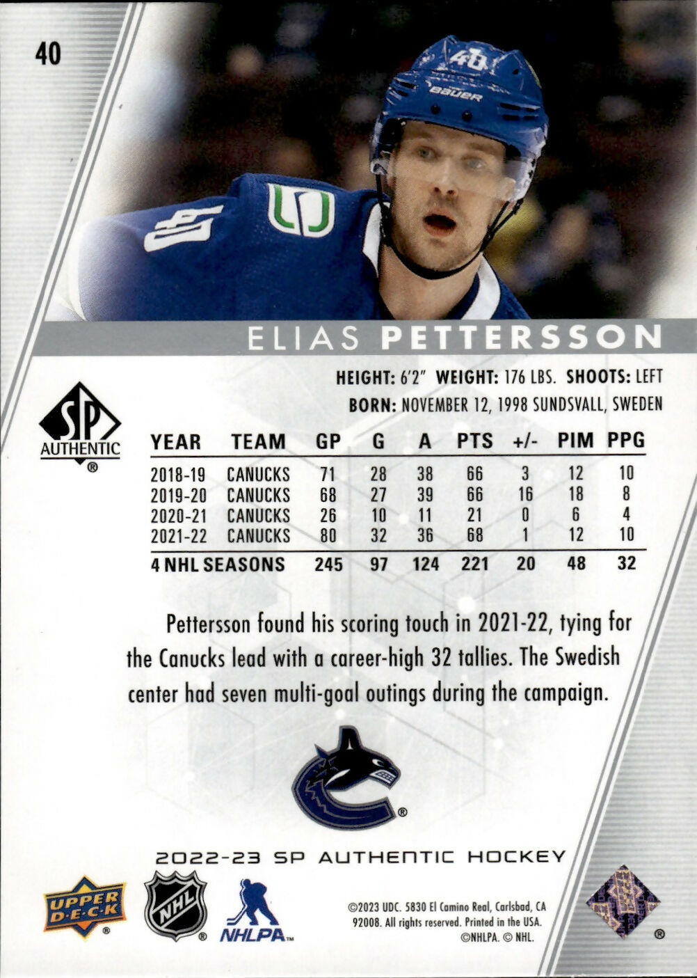 2022-23 Upper Deck SP Authentic Hockey - Base #40 Elias Pettersson - Vancouver Canucks