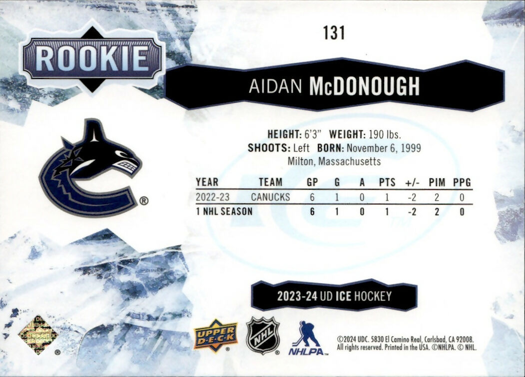 2023-24 Upper Deck Ice Hockey - Base - Purple #131 Aidan McDonough - Vancouver Canucks - B