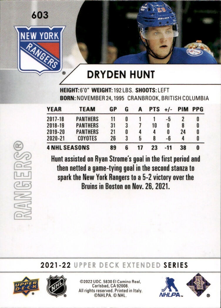 2021-22 Upper Deck Extended Series Hockey - Base #603 Dryden Hunt - New York Rangers - B