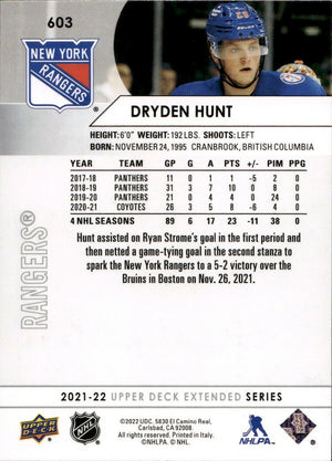 2021-22 Upper Deck Extended Series Hockey - Base #603 Dryden Hunt - New York Rangers - B