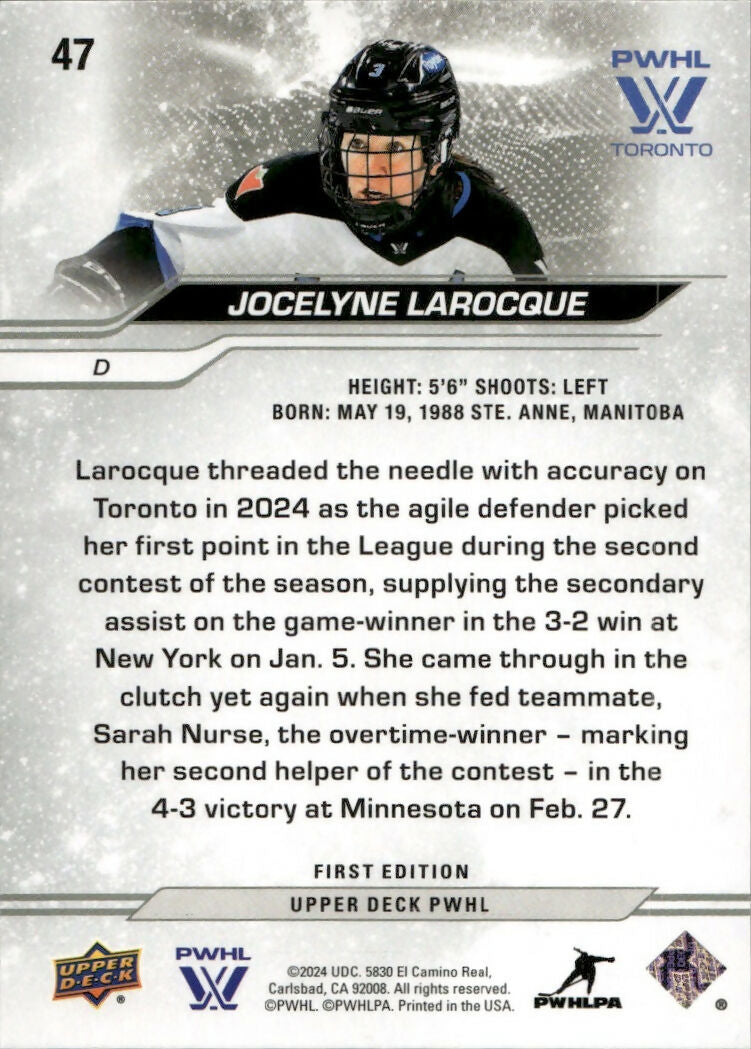 2024-25 Upper Deck PWHL Hockey - Base #47 Jocelyne Larocque - Toronto Sceptres - B