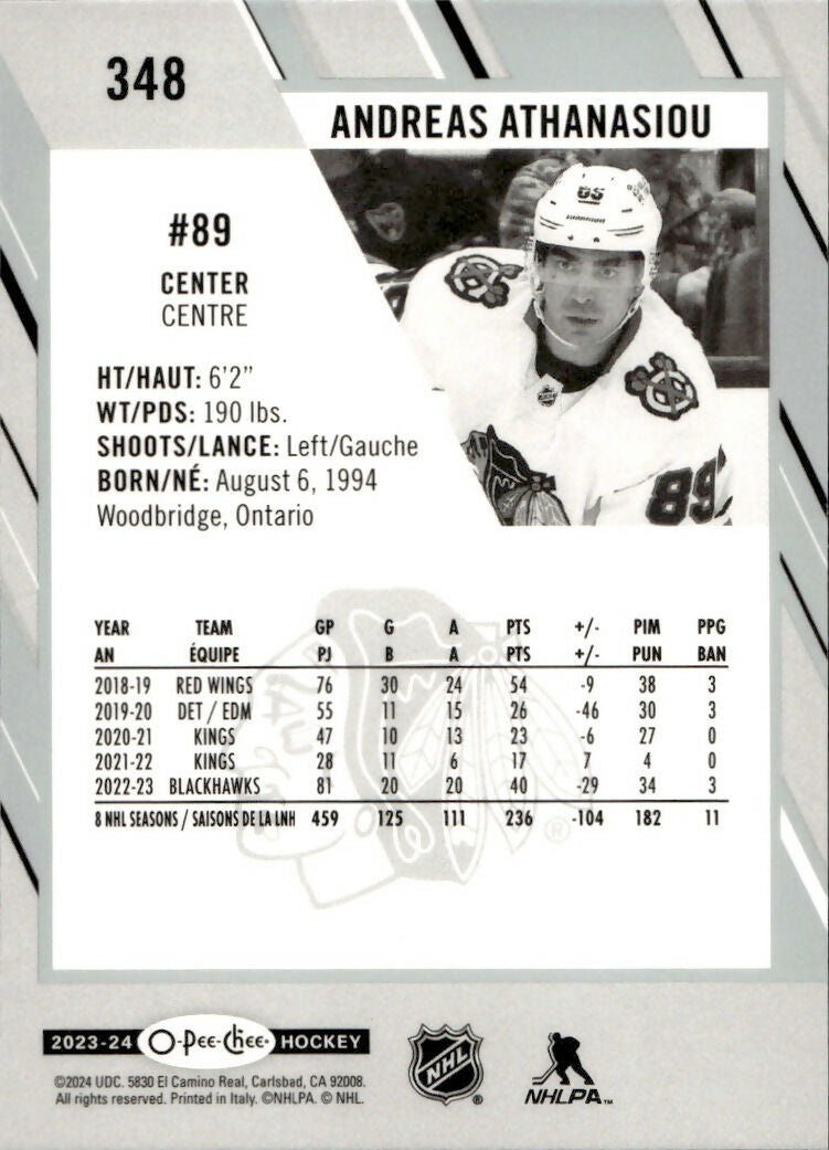2023-24 Upper Deck O-Pee-Chee Hockey - Base #348 Andreas Athanasiou - Chicago Blackhawks