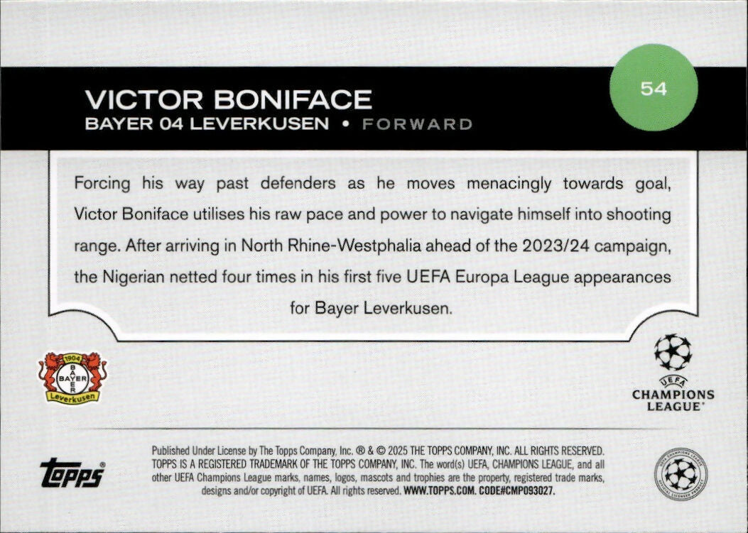 2024-25 Topps UEFA Club Competitions - Base #54 Victor Boniface - Bayer 04 Leverkusen - B