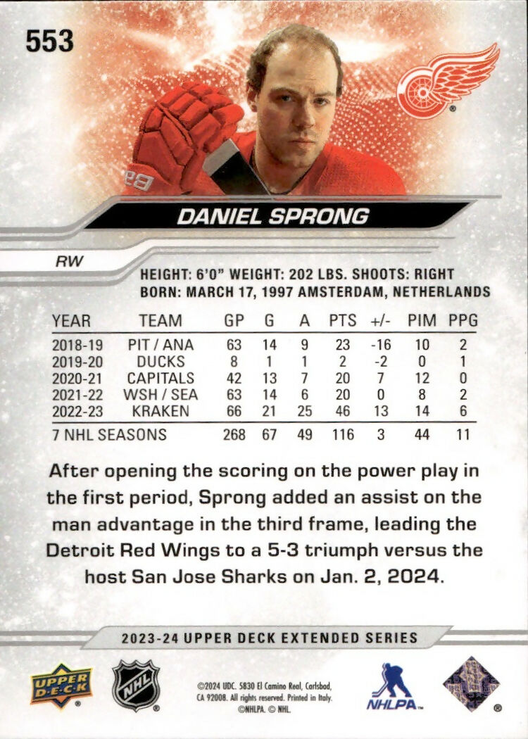 2023-24 Upper Deck Extended Series - Base - Delux :250 #553 Daniel Sprong - Detroit Red Wings - B