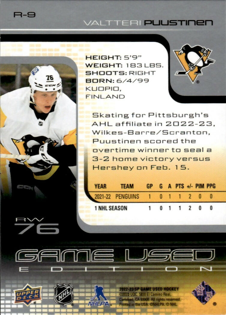 2022-23 Upper Deck SP Game Used Hockey - 2021-22 Retro Rookie /999 #R-9 Valtteri Puustinen - Pittsburgh Penguins