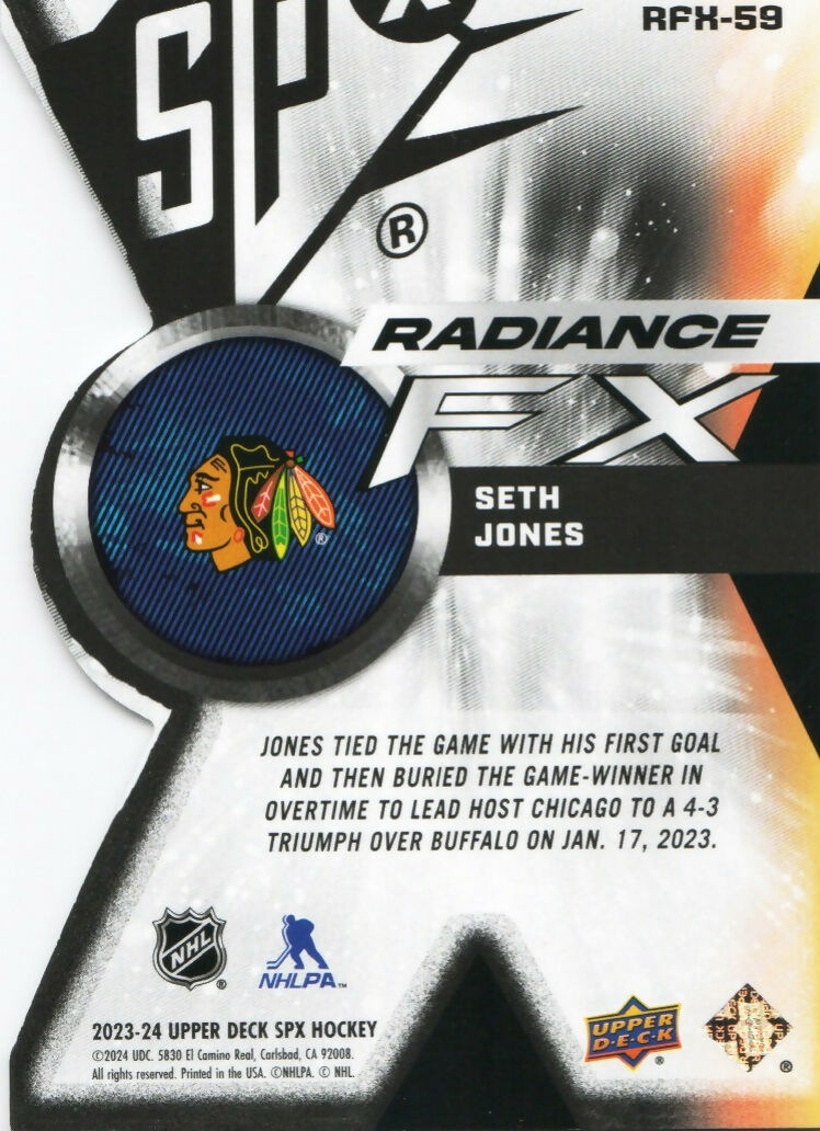 2023-24 Upper Deck SPX Hockey - Radiance F:X :949 #FRX-59 Seth Jones - Chicago Blackhawks - B