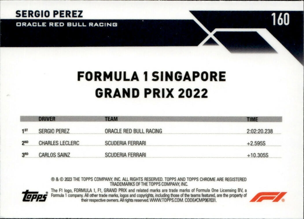 2023 Topps Chrome Formula 1 Base #160 - Grand Prix Winners - Checker Flag X-factor Sergio Perez - Oracle Red Bull Racing - B
