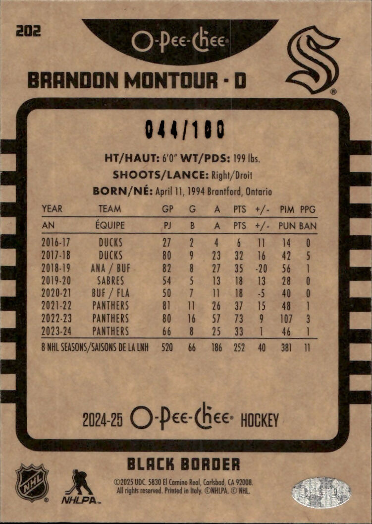 2024-25 Upper Deck O-Pee-Chee Hockey - Base - Retro - Black Boarder :100 #202 Brandon Montour - Seattle Kraken - B